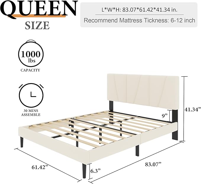 Full Size Platform Bed Frame with Upholstered Headboard, Wooden Slats Support, Noise Free, No Box Spring Needed, Easy Assembly, Beige, Velvet