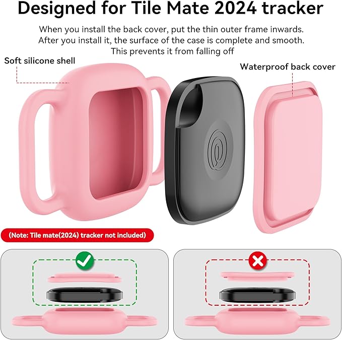 DDJ 2-Pack Dog Collar Holder for Tile Life360 Mate (2024) 2022 Tracker, Waterproof Silicone Cover Full-Body Protective Case for Tile Mate Tracker Cat Collar, Ultra Durable, Scratch Resistant, Pink
