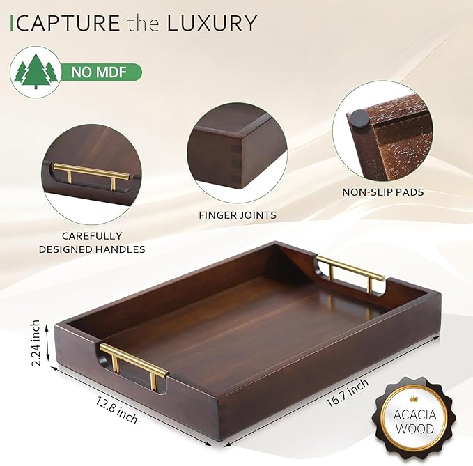 Joy&Grace Ottoman Tray for Living Room 16.7 x 12.8 inch Large Acacia Wooden Serving Tray with Handles for Coffee Table, Breakfast in Bed, Food Dinner, Decorative Rectangular Tray (Color Brown)