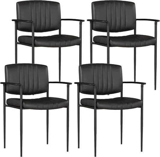 Mid-Century Modern PU Leather Dining Chairs Set of 4, Upholstered Kitchen Chairs with Arms and Metal Legs Adjustable Feet for Kitchen Dining Room(Black)