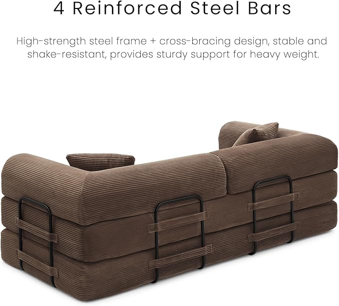 Compression Sofa - 79'' Convertible Sofa Bed, Boneless Couch in a Box, Modular Corduroy Foldable Sleeper Sofa with 2 Pillows, Loveseat Couches for Living Room (Corduroy Fabric, Brown)