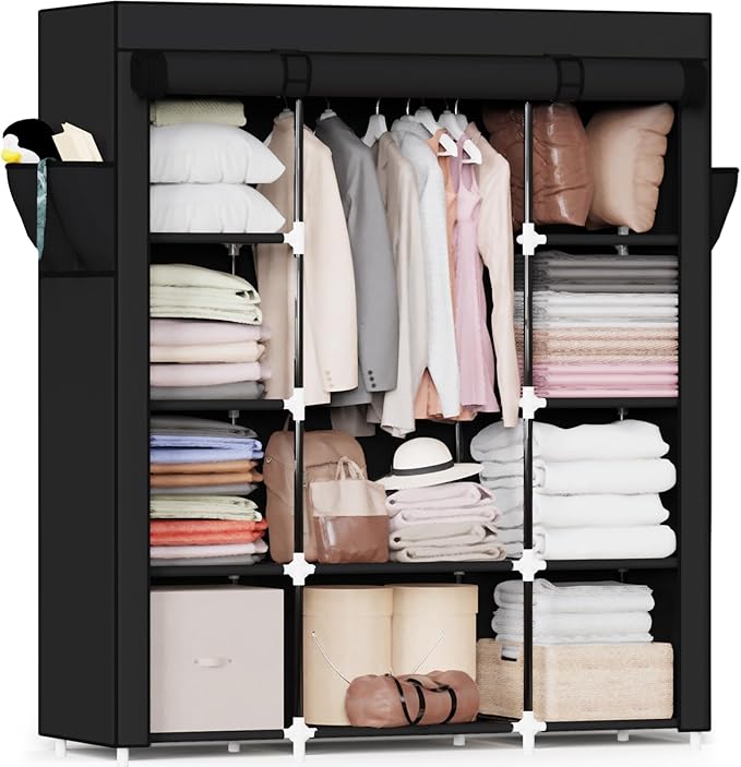 Mavivegue Portable Closet, Wardrobe Closet Organizer with Cover, 3 Hanging Rods and Shelves,Large Capacity for Bedroom, Living Room (Black, 59" W x 18" D x 64" H)