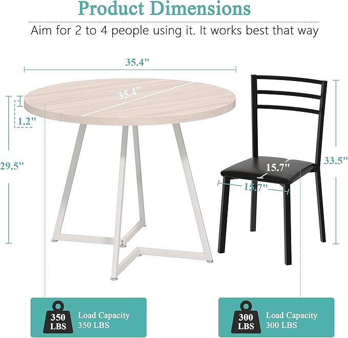 VECELO 35” Round Dining Table Set with 4 Cushioned Padded Chairs for Kitchen, Breakfast Nook, or Living Room, Wood-Grain Tabletop & Heavy-Duty Steel Frame, Easy Assembly, Natural Wood