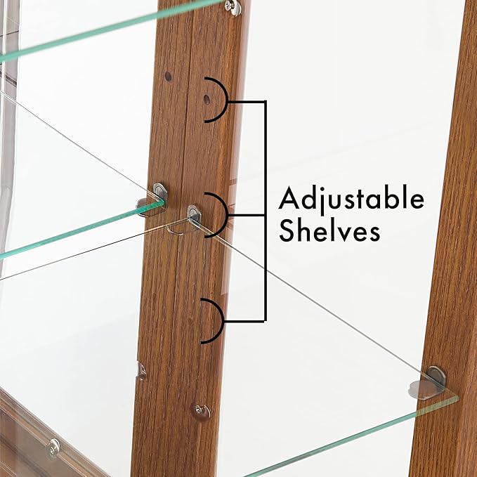 Goujxcy Lighted Curio Cabinet, Modern Floor Standing Glass Curio Cabinet Display Case Cabinet with Adjustable Shelves, Mirrored Back Panel and Tempered Glass Doors for Home/Office (Oak)