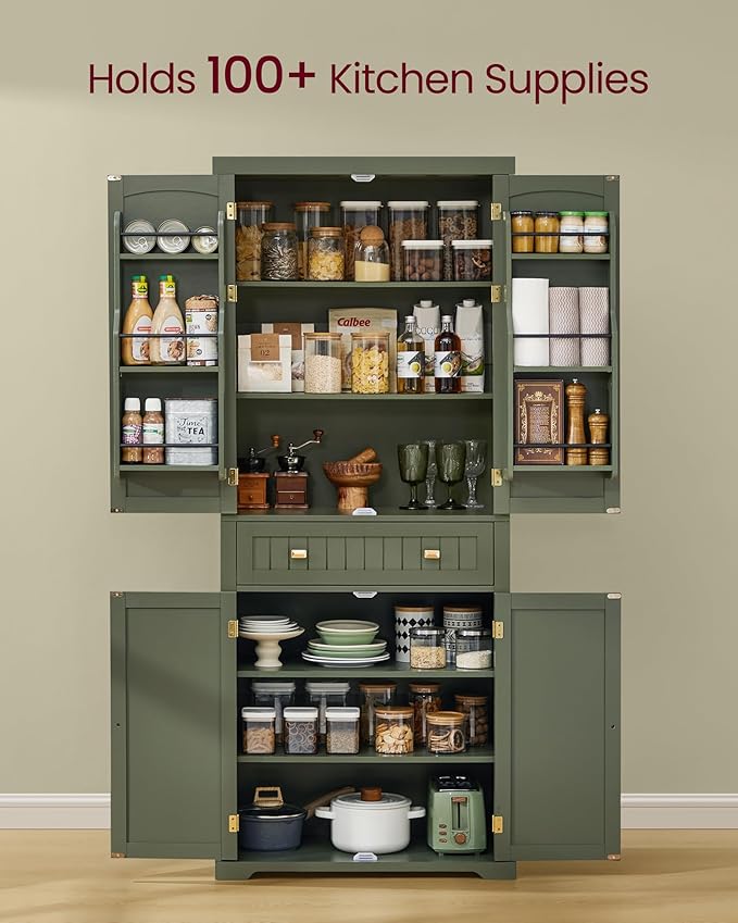 VASAGLE Pantry Cabinet, 15.7 x 30 x 71.7 Inches, Freestanding Tall Cupboard Storage Cabinet with a Drawer, 2 Cabinets, 6 Adjustable Shelves, for Living Room, Kitchen, Forest Green UBBK561C01