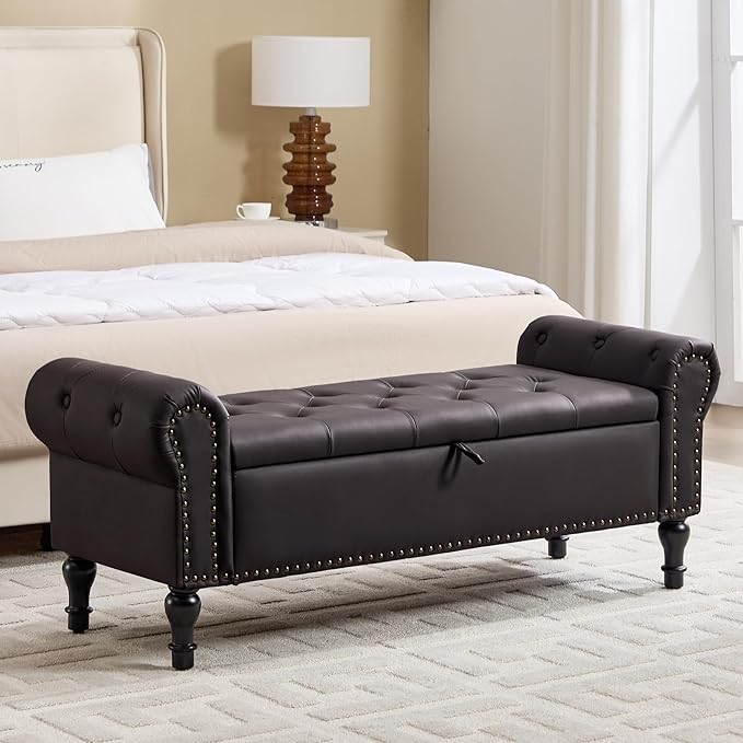 Storage Bench for Bedroom, 51" Upholstered End of Bed Bench, Faux Leather Queen Size Benches with Rolled Arms, Tufted Button Storage Long Ottoman, Living Room, Entryway, Coffee