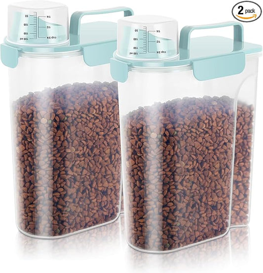 5-7Lbs Cat Dog Storage Container, Portable Pet Food Containers with Upgraded Large Spout and Cup, Small Animal Kibble Dispenser for Bird Seed, Oatmeal, Rice, Flour (2, Sky Blue, 5L)