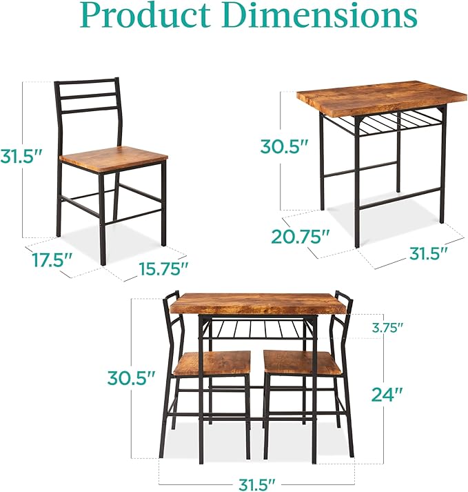 Best Choice Products 3-Piece Modern Dining Set, Space Saving Dinette for Kitchen, Dining Room, Small Space w/Steel Frame, Built-in Storage Rack - Medium Brown/Black
