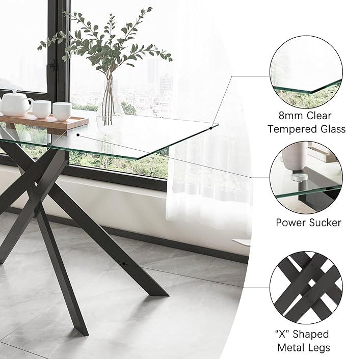 51" Rectangular Glass Dining Room Table for 4 with Tempered Glass Top and Black Metal Legs, Modern Clear Kitchen and Dinner Table for Home Office Dining Room