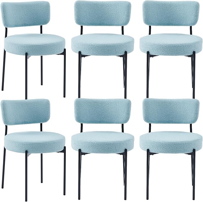 Blue Boucle Dining Chairs Set of 6, Upholstered Dinner Chair with Metal Frame, Dining Room Chairs with Padded Seat, Round Modern Seating for Living Room