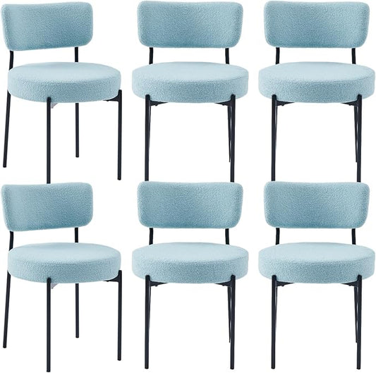 Blue Boucle Dining Chairs Set of 6, Upholstered Dinner Chair with Metal Frame, Dining Room Chairs with Padded Seat, Round Modern Seating for Living Room