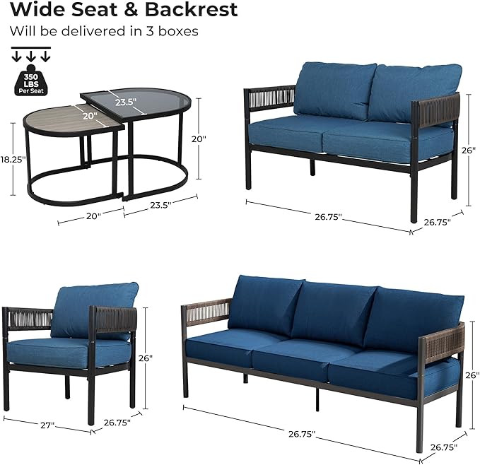 Grand patio 6-Piece Wicker Outdoor Furniture Set with 3-Seat Couch, Thick Cushions and Coffee Table, Patio Sofa Conversation Set for Backyard, Garden, Peacock Blue