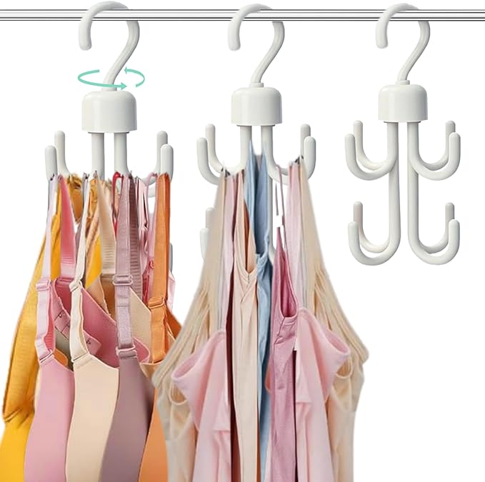 3Pcs Tank Top Hanger, Rotatable Bra Hangers for Closet Organizer, Max 72 Storage Capacity Belt Hanger, Plastic Space Saving Closet Organizers Apartment Dorm Essentials for Bra (3, White)