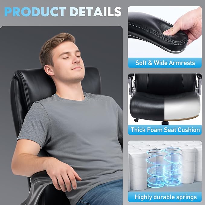 Ergonomic High-Back Executive Office Chairs, Heavy Duty Home Computer Chair with Lumbar Support, Flip-Up Arms, and PU Leather Upholstery, Black