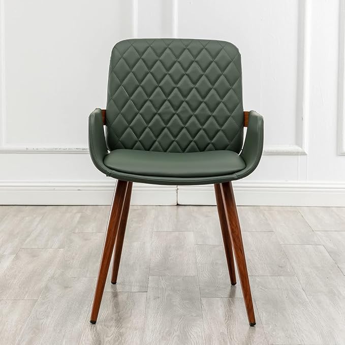 LUNLING Mid Century Modern Faux Leather Dining Room Chairs,Upholstered Seat Metal Legs Chairs Green Faux Leather Kitchen Chair Reception Room Chair 1PCS