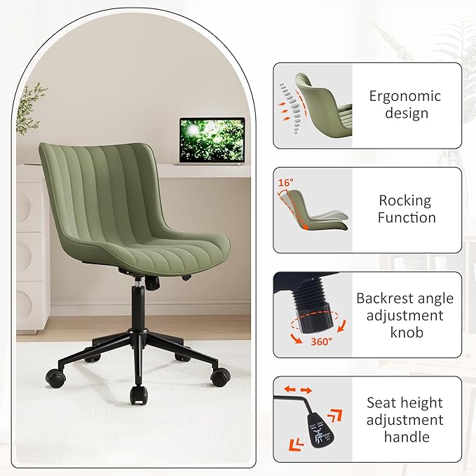 Kidol & Shellder Olive Green Leather Home Office Desk Chair with Wheels Modern Cute Armless Executive Swivel Vanity Chair with Comfy Padded Back Ergonomic Rolling Adjustable Computer Task Chair Small