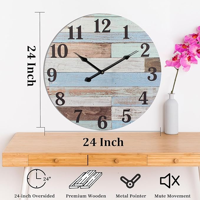 24 Inch Blue Woodgrain Shiplap Wall Clocks for Living Room Decor, Large Farmhouse Wall Clock,Coastal Beach Nautical Style,House Warming Gifts New Home