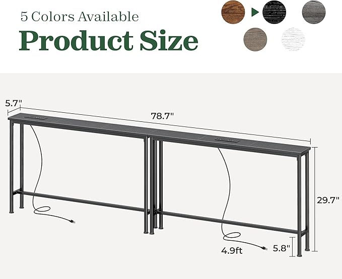 SUPERJARE 78.8 Inch Narrow Console Table with Outlet, Sofa Tables, Behind Couch Table, Long Entryway Tables with Charging Station, for Living Room, Black