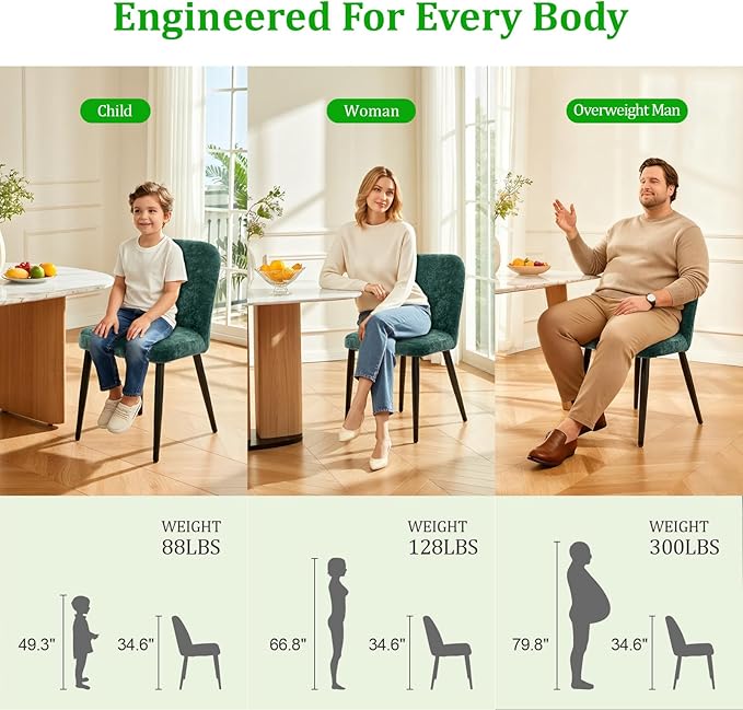 Upholstered Dining Chairs Set of 6, Mid Century Modern Fabric Dining Room Chair High-Back Padded Kitchen Chairs with Padded Seat and Metal Legs for Kitchen Dining Room Restaurant Cafe, Green