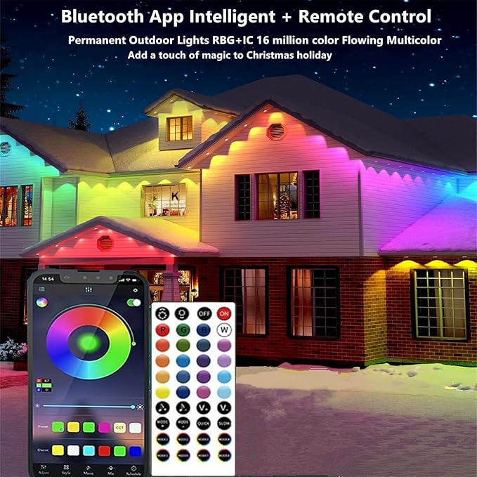 Permanent Outdoor Lights,100ft RGB + IC Smart LED Eaves Lights with App & Remote Control, IP67 Waterproof,for Christmas and All Holiday Decor,Daily and Accent Lighting,House Roof and Garden Lighting