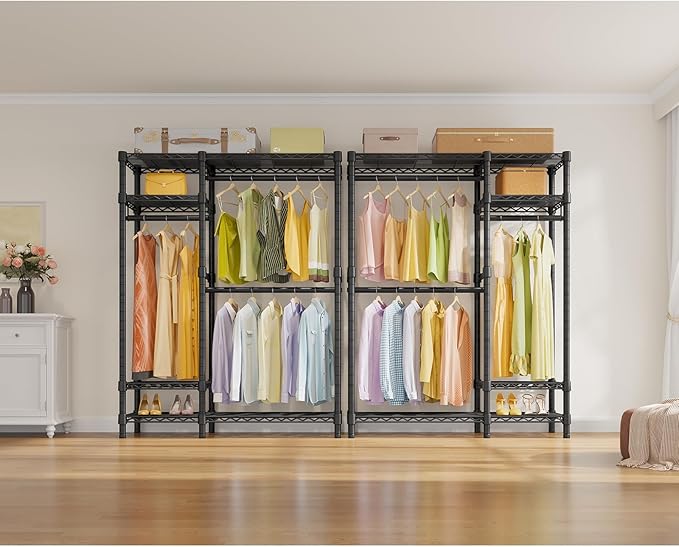 VIPEK V2 Heavy Duty Clothes Rack, Portable Metal Clothing Racks with 4 Tiers Adjustable Wire Shelving & 3 Hanging Rods, Freestanding Wardrobe Portable Closet Rack, Max Load 700LBS, Black