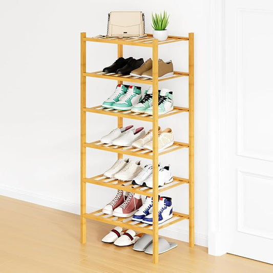 Smiry Shoe Rack, 6 Tier Small Bamboo Shoe Organizer, Stackable Free Standing Wooden Shoe Storage Shelf for Closet, Entryway, Front Door Entrance, Natural