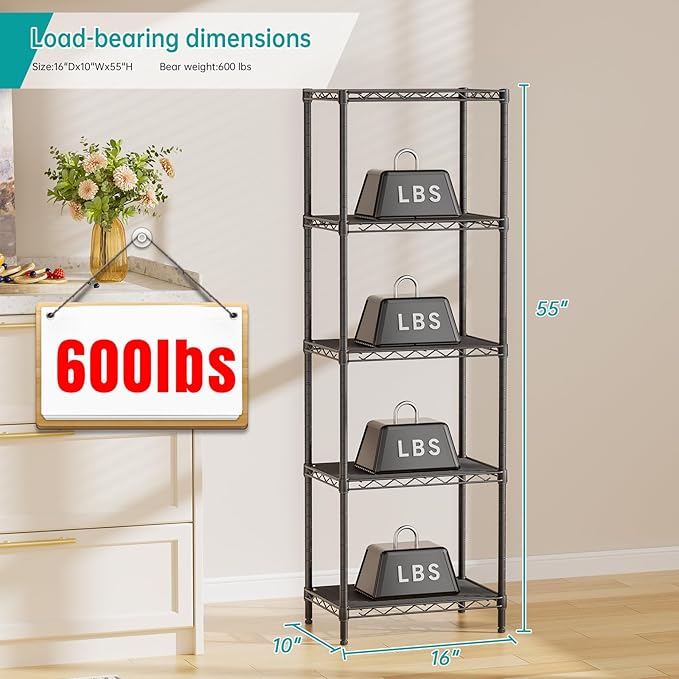 SINGAYE Metal Shelves Wire Shelving：Storage Rack Standing Units Shelf for Kitchen Laundry Bathroom Closet Organizers Pantry Narrow Mesh Adjustable 10" D x 16" W x 55" H Black