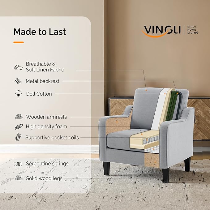 VINGLI Accent Chairs for Living Room, Line Comfy Upholstered Sofa Chair Mid Century Modern Armchair for Bedroom, Home Office, Small Spaces, Apartment