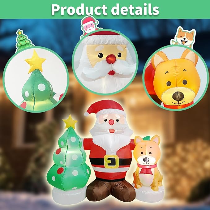 5FT Long Christmas Inflatable Santa Set with Dog & Tree Blow up Lighted Yard Decoration Suitable for Christmas Indoor Outdoor Xmas Yard Party Holiday Garden Decor