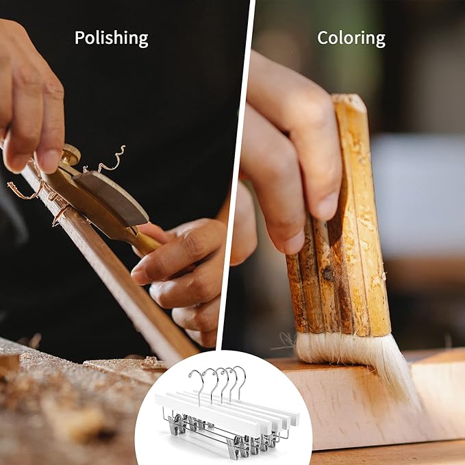 Nature Smile Deluxe Wooden Pants Hangers, Solid Lotus Wood, with Clips, Pack of 28, White