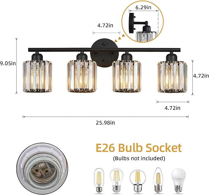 Modern 4 Light Crystal Vanity Light, Black Vertical Bathroom Light Fixture Over Mirror for Dressing Table Sink, Compatible with Dimmable Bulbs (Bulbs Not Included)