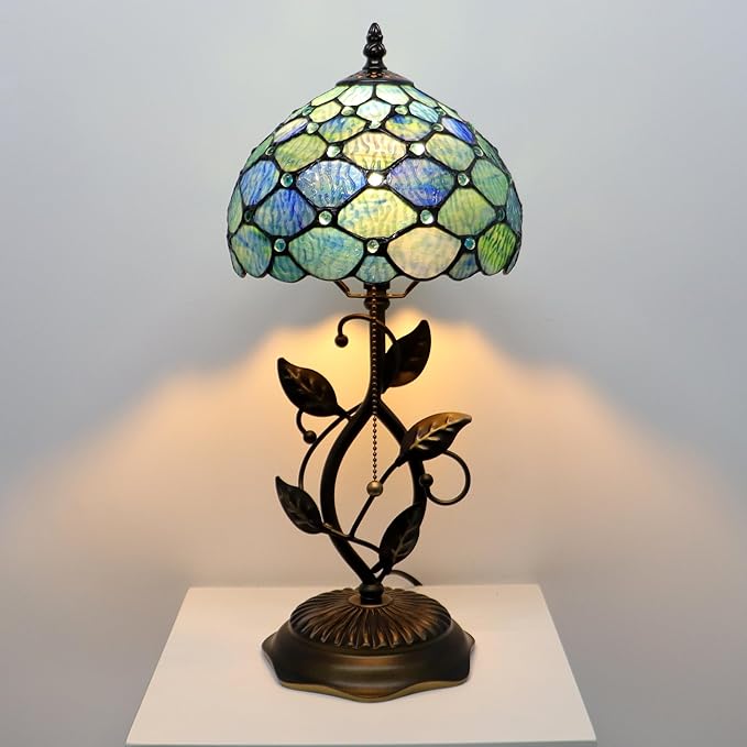 Small Tiffany Lamp Sea Blue Water Ripple Style Stained Glass Table Lamps Desk Bedside Reading Light 8X8X18 Inches with Bronze Metal Leaf Resin Base