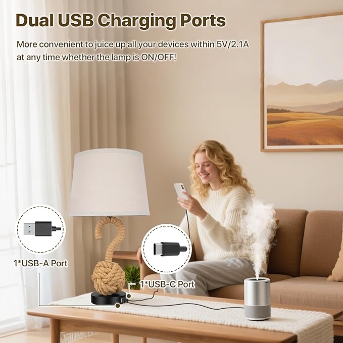 2-Pack 22" Rope Lamps for Night Stands, Boho Table Lamps for Living Room Bedroom Guest Room, 3-Color Temperatures Rattan Lamp with Rotary Switch, Bedside Lamp with USB Ports, 2 Bulbs Included