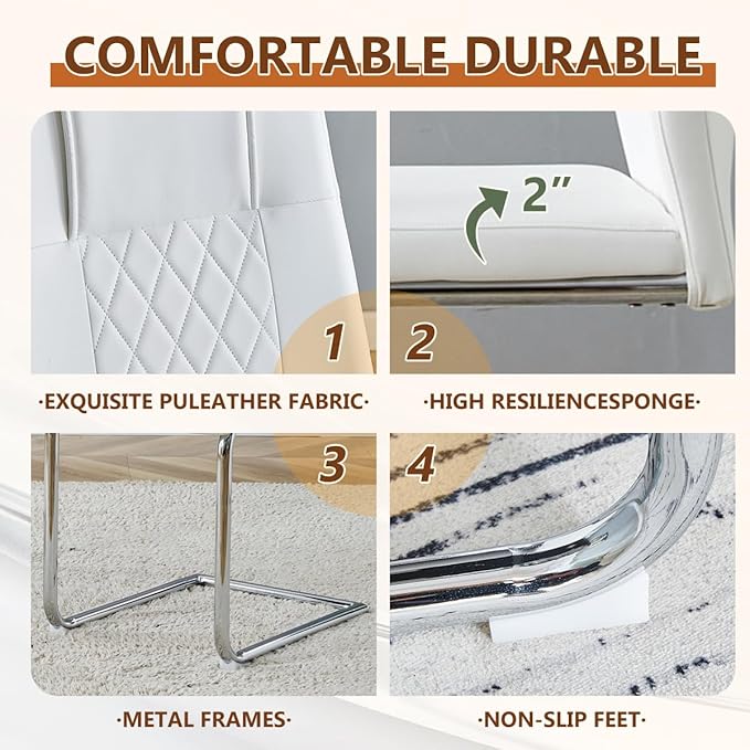 63'' Glass Dining Table Set for 4, Kitchen Table Chairs Set of 4, Clear Glass Dining Table with White unique design Leg and Silver Metal Base, 4 PU Dining Chairs with Metal Legs, Living Room, Kitchen.