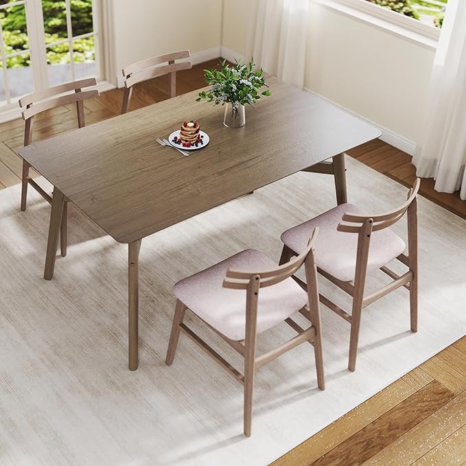 VESCASA 5-Piece Dining Set, 59" L Smokey Taupe Rectangle Wood Dining Table with 4 Curved Back Light Brown Chenille Grey Wood Dining Chairs for Dining Room, Kitchen, Restaurant, Dining Set for 4