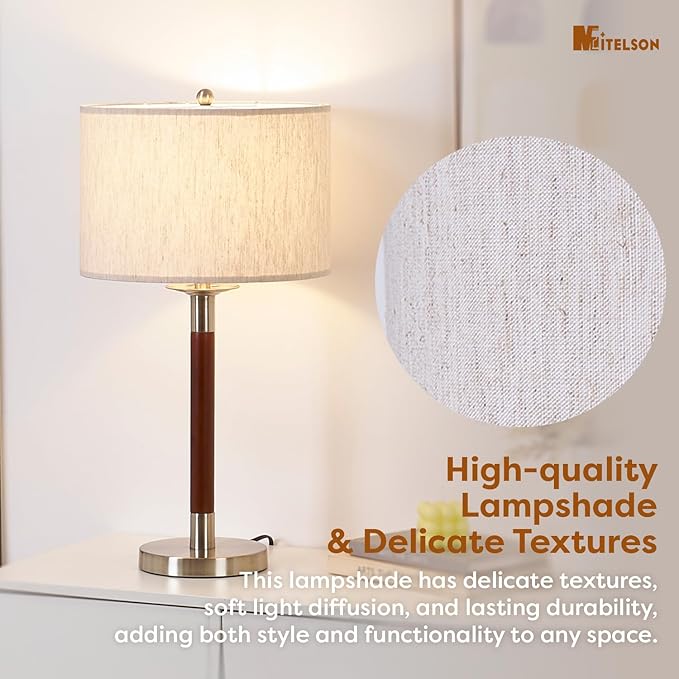 Mid Century Modern Lamp with Dimmable Switch and Bulb, LED Bedside Lamp for Bedroom, Wood Table Lamp for Nightstand, Desk Reading Lamp for Kids Room, Living Room, Office, Walnut Finish