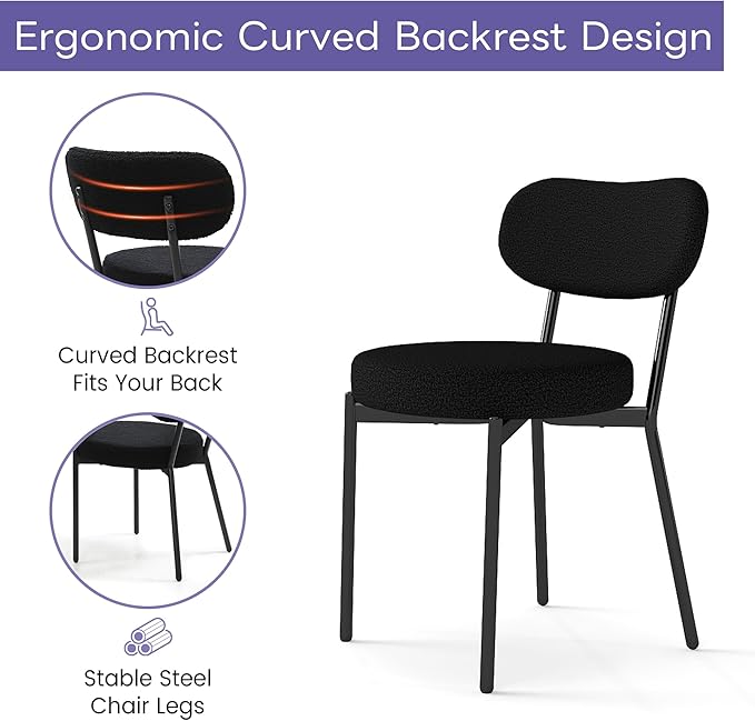 Dining Chairs Set of 4 pcs, Boucle Upholstered Comfortable Seat with Curved Backrest, Mid-Century Modern & Scandinavian Designer Style, Ideal for Dining Room & Kitchen, Black