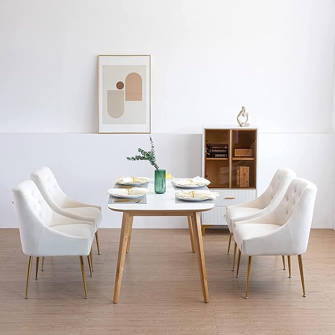 Modern Dining Chairs Set of 4, Mid Century Chairs with 5.12” Cushions and Golden Legs, Velvet Upholstered Dining Chairs with Back Pull Rod, for Kitchen, Living Room (Beige)