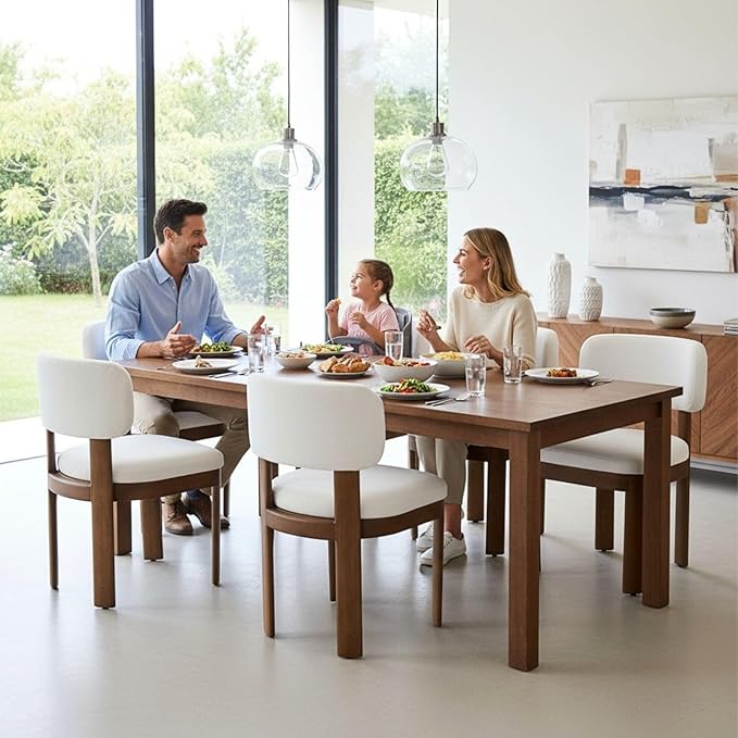 Beige Dining Chairs Set of 6 Mid Century Modern Upholstered Dining Room Chairs with Curved Backrest and Wooden Legs for Kitchen Island, Dining Room