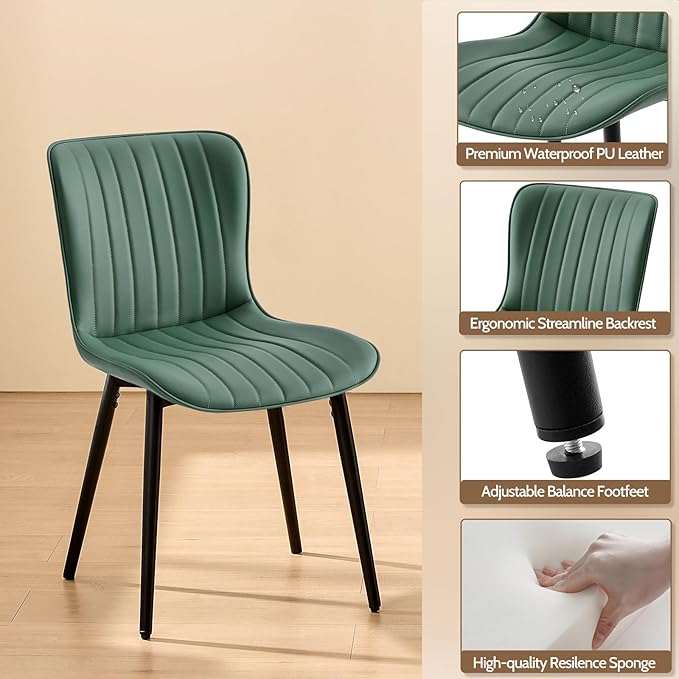 Modern Dining Chairs Set, Heavy Duty Upholstered Side Chairs with Faux Leather, Comfortable Cushions & Durable Metal Legs with Adjustable Feet, Perfect for Kitchen, Dining Room (Green, Set of 2)