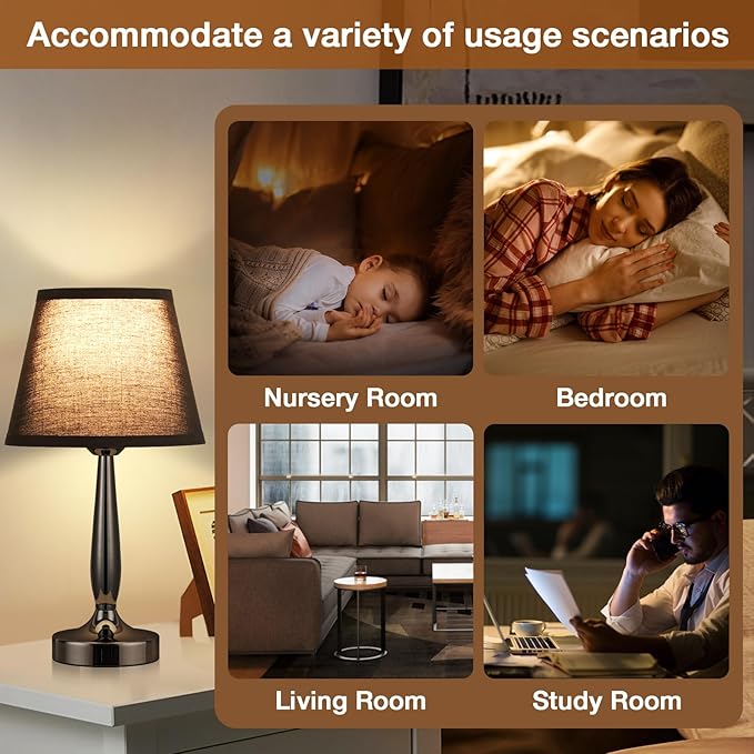 Kakanuo Touch Bedside Lamp for Bedroom with USB C Port, Small Touch Table Lamp with 2 USB Charging Ports, 3 Way Dimmable Nightstand Lamp for Living Room and Office - Black (LED Bulb Included)