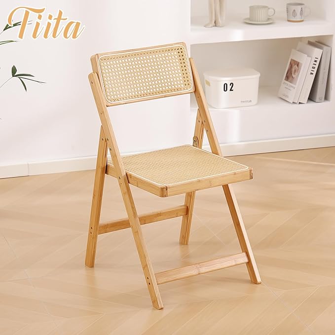 Tiita Rattan Dining Chairs Set of 1, Mid Century Modern Folding Chair, Bamboo Folding Dining Chairs for Small Space, Dining Room, Living Room, Bedroom, Wood