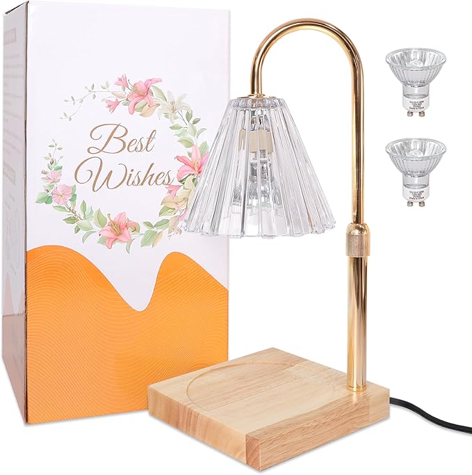 Candle Warmer Lamp with Timer Dimmable, Clear Wax Melt Warmer Adjustable Height Warmer Lamp for Jar Candles, Original Wood Base for Home Decor Birthday