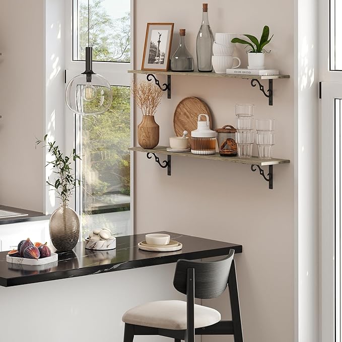 DINZI LVJ Long Wall Shelves, 31.5" Large Floating Shelves Set of 2, Farmhouse Display Shelf Wall Mounted with Heavy Duty Brackets, Easy Assembly for Kitchen, Bathroom, Bedroom, Balcony, Gray Wash