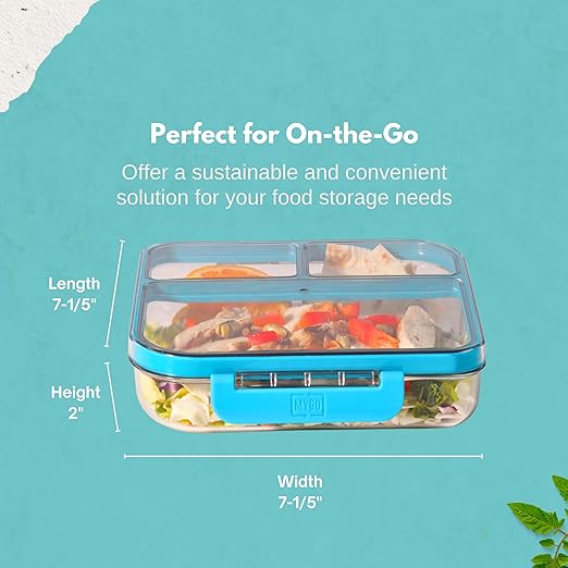MyGo Pro Square Container, 3-Compartment Clear Heavy Duty Plastic Food Storage Container, Portable Sleek Design, Spill-Resistant with Removable Gasket, 7.25" L X 7.25" W X 2" H
