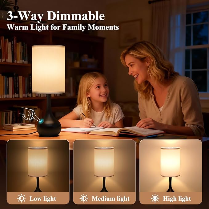 ONEWISH Touch Bedside Lamp for Bedroom, 3-Way Dimmable Table Lamps for Nightstand, White Fabric Shade Desk Lamp for Kids Reading, Living Room, Home Office