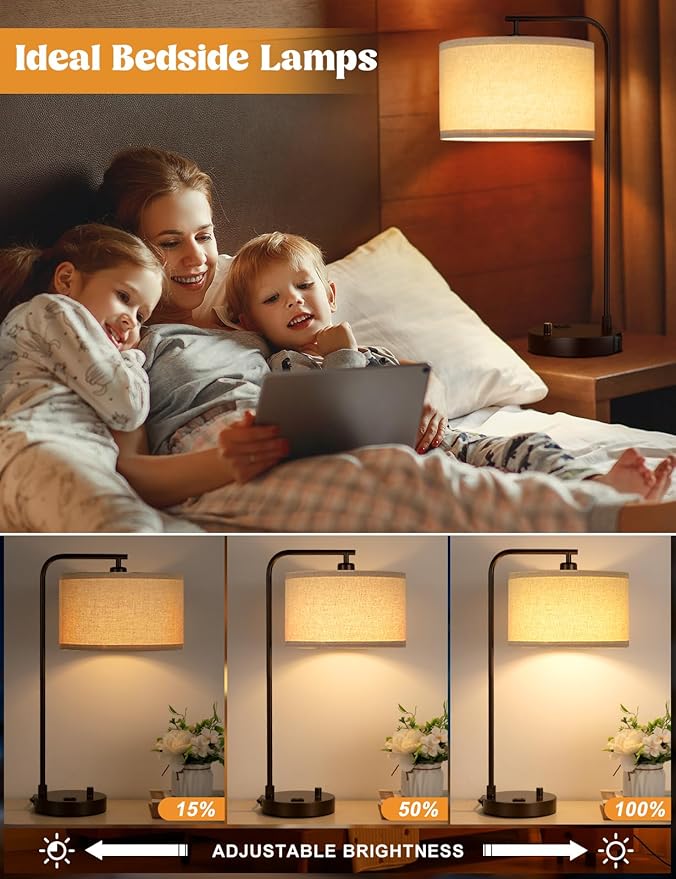 Innqoo Brown Side Table Lamp with USB Port and Outlet, Dimmable Nightstand Bedside Lamps with Linen Lampshade, Desk Lamp for Bedroom, Living Room, Guest Room, Home Office, LED Bulb Included