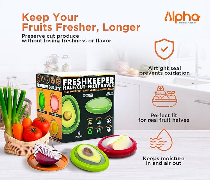 Avocado Saver & Onion Storage –Set of 4 BPA-Free Food Containers with Silicone Lids – Reusable Fruit and Veggie Savers, Fresh Pods for Food – Perfect for Tomato Holder, Garlic, Lemon & More