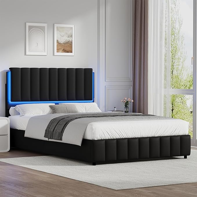Queen Bed Frame with LED Lights and Headboard, Modern Upholstered Faux Leather Platform Bed with Wooden Slats Support, No Box Spring Needed, Easy Assembly, Black