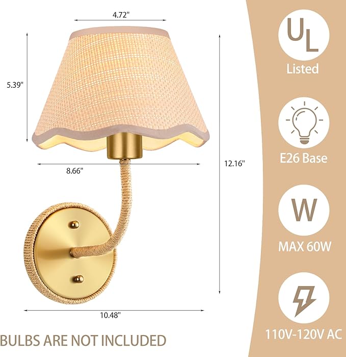 Boho Hand Woven Rattan Wall Sconces Set of Two Gold Rustic Wall Lamp with Grass-Woven Lampshade Hardwire Brass Farmhouse Wall Lights for Bedroom Living Room Hallway Vanity